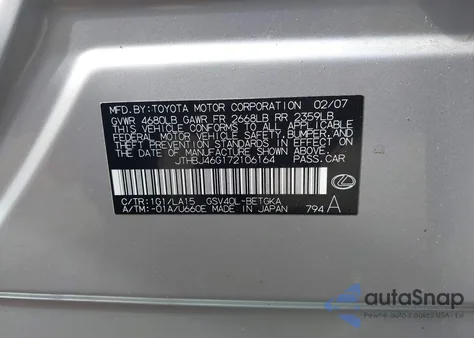 2007 Lexus Es 350 z USA, uszkodzony, nr VIN JTHBJ46G172106164